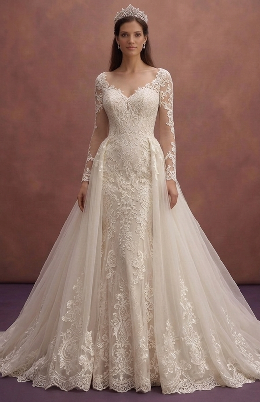 Romantic Lace Wedding Dress with Detachable Train – 2-in-1 for Church Ceremonies