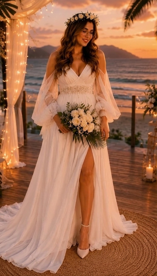 Romantic Open-Back Beach Wedding Dress with Elegant Soft Satin Detailing and Flowing Tulle