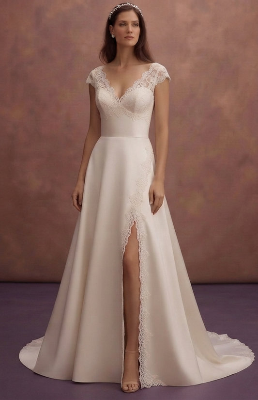 Romantic Satin Wedding Dresses with Delicate Lace Trim