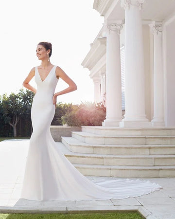 Elegant Mermaid Wedding Gown with Spaghetti Straps, Graceful V-Neckline, and a Flattering Natural Waist for a Sleek and Timeless Bridal Look