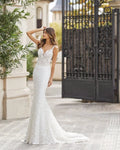 Sophisticated Mermaid Wedding Gown with Spaghetti Straps, Elegant V-Neckline, and Delicate Lace Detailing for a Chic and Timeless Bridal Look