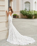 Sophisticated Mermaid Wedding Gown with Spaghetti Straps, Elegant V-Neckline, and Delicate Lace Detailing for a Chic and Timeless Bridal Look