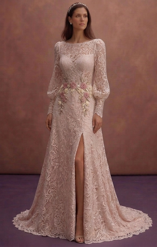 Rose Ivory Lace Bridal Dress with Scalloped Sleeves