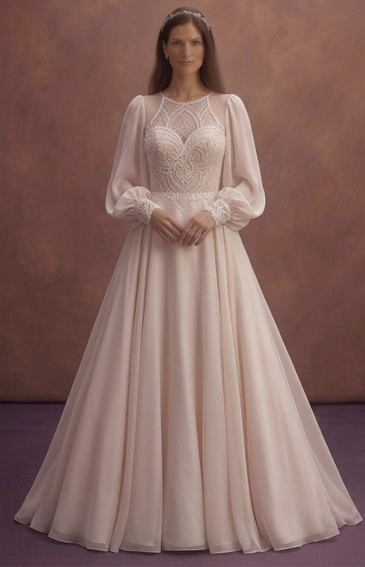 Rose Ivory Wedding Dress with Romantic Bishop Sleeves