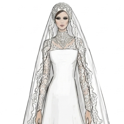 Royal Lace Cathedral Bridal Hijab Veil with Embroidered Edge