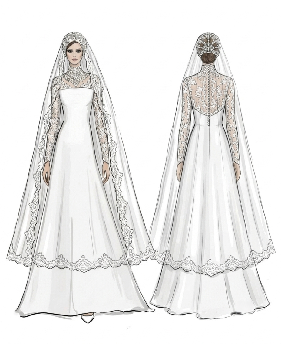 Royal Lace Cathedral Bridal Hijab Veil with Embroidered Edge