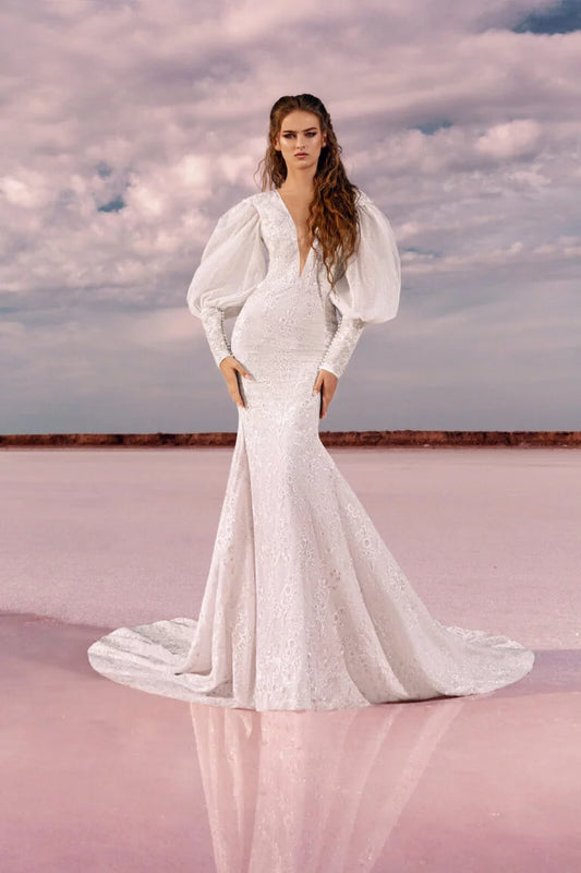 Elegant Mermaid Nuptial Dress with Long Sleeves and High-Neckline, Designed with a Flattering Natural Waistline for a Sophisticated Bridal Look