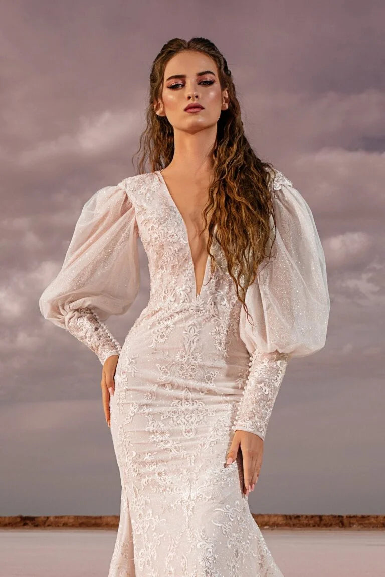 Elegant Mermaid Nuptial Dress with Long Sleeves and High-Neckline, Designed with a Flattering Natural Waistline for a Sophisticated Bridal Look