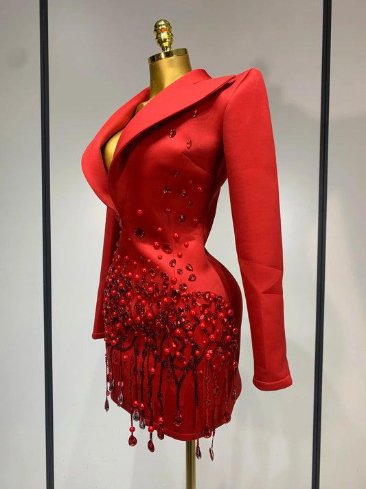 Luxury Rhinestone Deep V-Neck Slim Fit Red Suit Dress Fashion Celebirty Elegant Evening Club Party Dresses