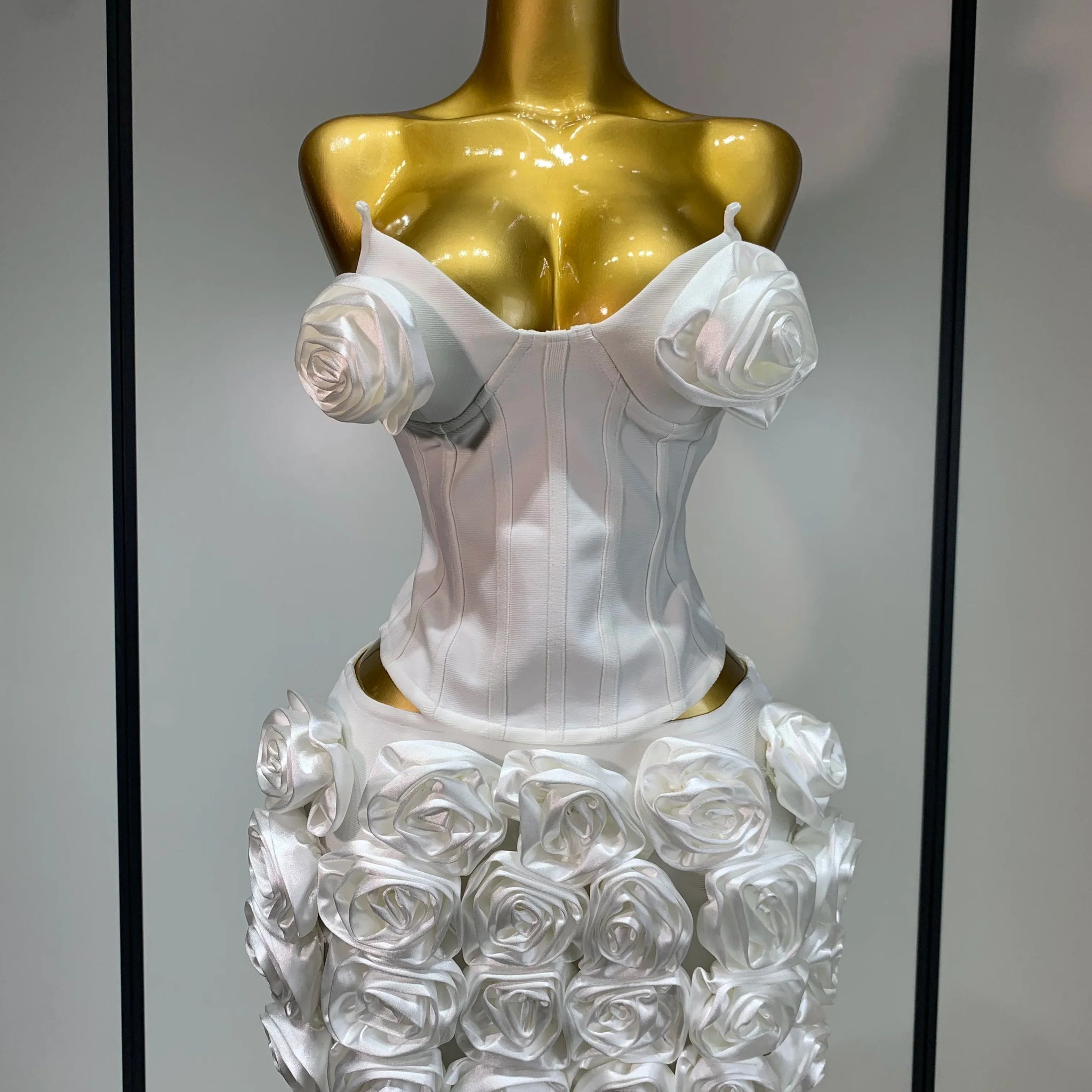 Women Sexy Backless Sleeveless 3D Flower Strapless Two Piece Set Celebirty Elegant Evening Club Party Luxury Birthday Gown WHITE