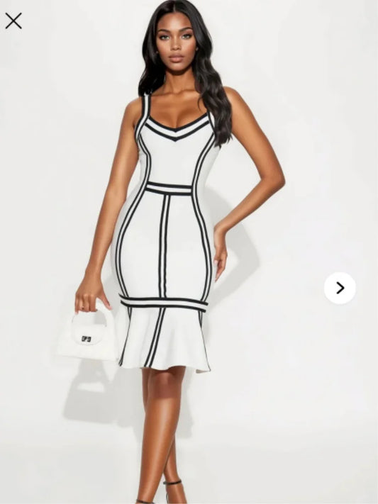 Arrival Women Sleeveless Sexy Square Collar Patchwork Bodycon Bandage Midi Dress Nightclub Party Celebrate Birthday Outfit WHITE