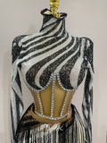 Shiny Diamond Sequin Tassels Sexy Mesh Long Sleeved Two Piece Set Women Evening Birthday paty Nightclub Stage Costume