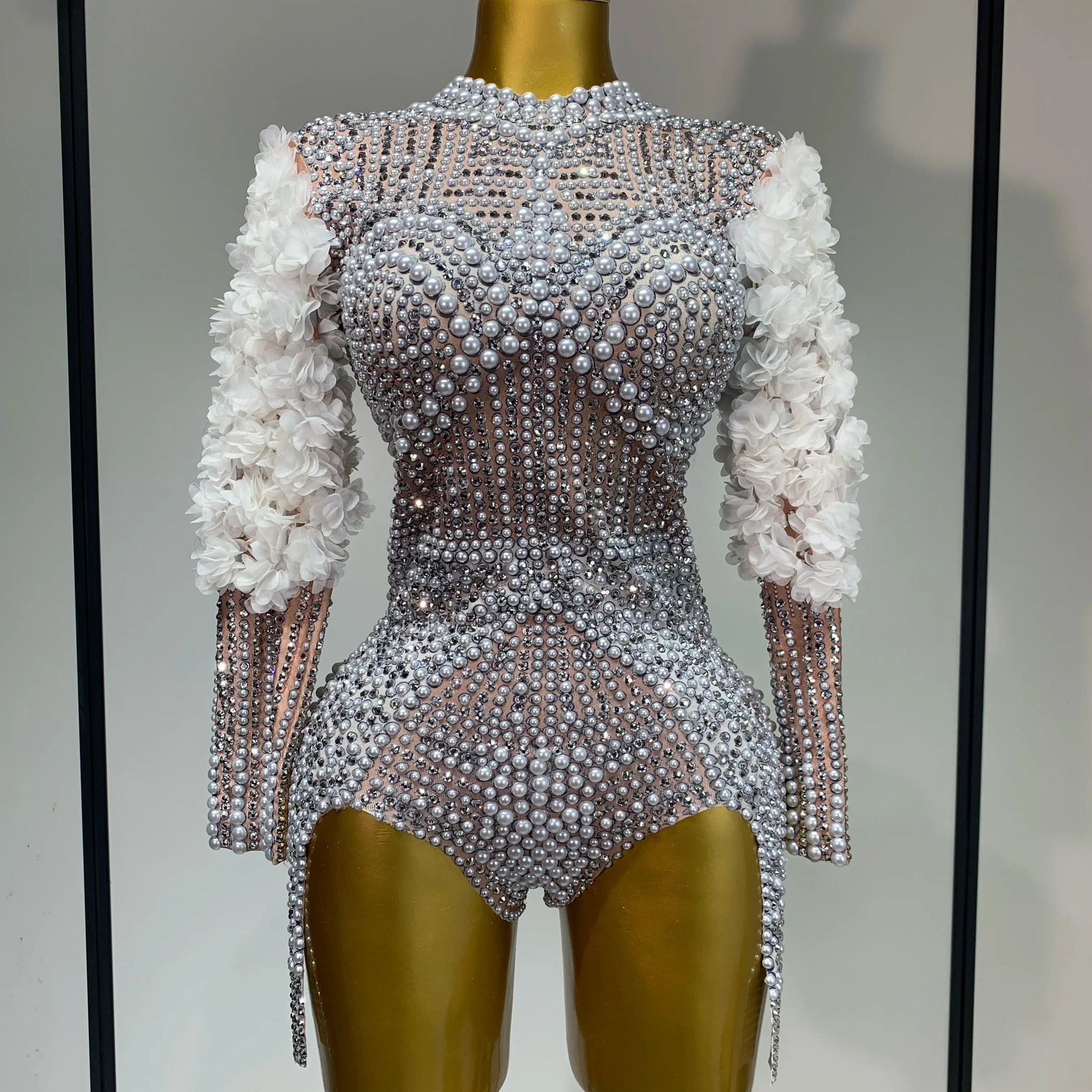Sparkly Luxury Sheath Bodysuit Women Sexy Pearls Rhinestone Flowers Stage Singer Outfit Nightclub Performance Dance Costume