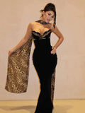 Sexy Leopard print ribbon strapless tight Long Dress Women black Corset Backless Bodycon Maxi Dresses Evening Party Gowns
