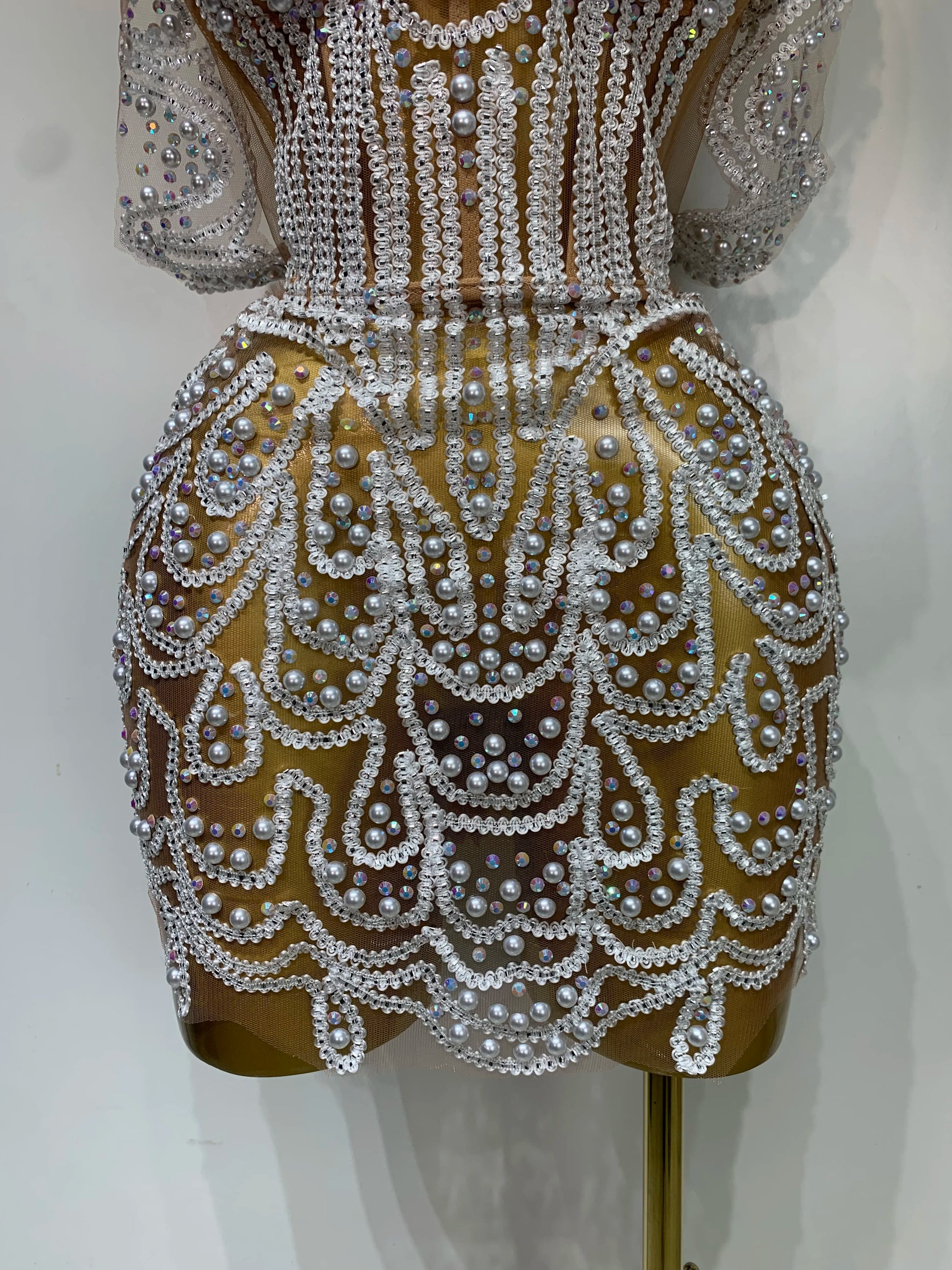 Shining Diamond Sexy Off Shoulde See-Through Mini Dress Women Evening Birthday Party Nightclub Dancer Performance Stage Costume