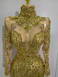 Luxury Sparkly Sequins Stretch Long Sleeve Mesh Mini Dress Women Birthday Party Nightclub Dancer Stage Performance Costume