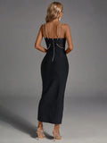 Spring Women's Water Diamond Chain Strap Sleeveless Bandage Dress Patchwork Bodycon Long Dress Evening Club Party Vestidos