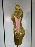 Sparkly Gold Rhinestone Sequin Stretch Bodysuits Women Luxury Birthday Party Nightclub Dancer Stage Performance Costume