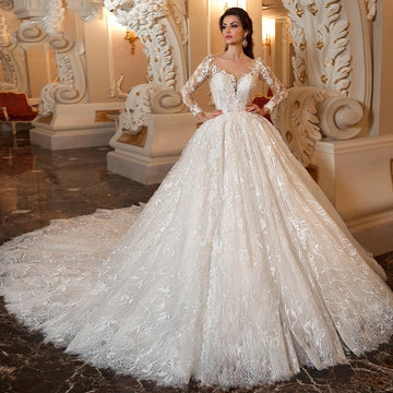 Sexy A-line V-neck Bespoke Wedding Dress Italian Exquisite Lace White Tulle Long Sleeve Train Button Bride Dress