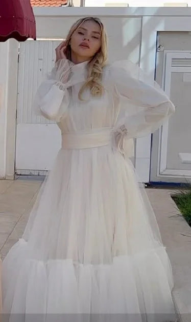Long Sleeves Prom Gowns A Line Tulle Tiered Skirt Short Formal Special Party Dresses Women Bridesmaid Dress Ivory