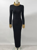 Elegant Women Light Luxury Nail Bead Design Bandage Dress High Collar Long Sleeve Bodycon Long Dress Evening Party Vestidos