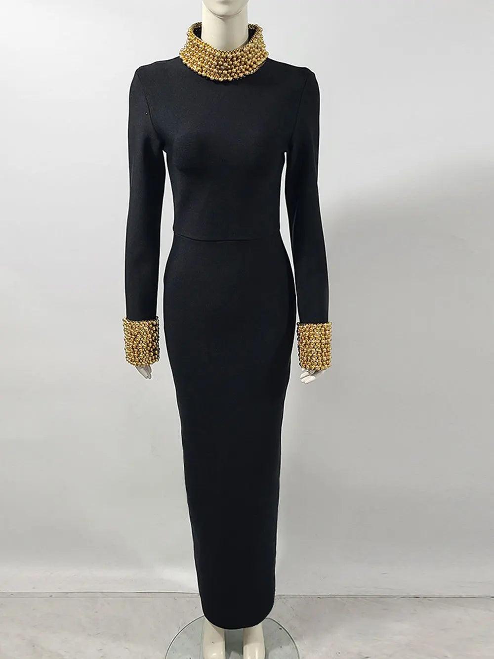 Elegant Women Light Luxury Nail Bead Design Bandage Dress High Collar Long Sleeve Bodycon Long Dress Evening Party Vestidos