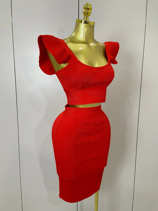 Women Sexy Backless Ruffles Red Bandage Two Pices Set Celebrity Evening Elegance Birthday Party Dress