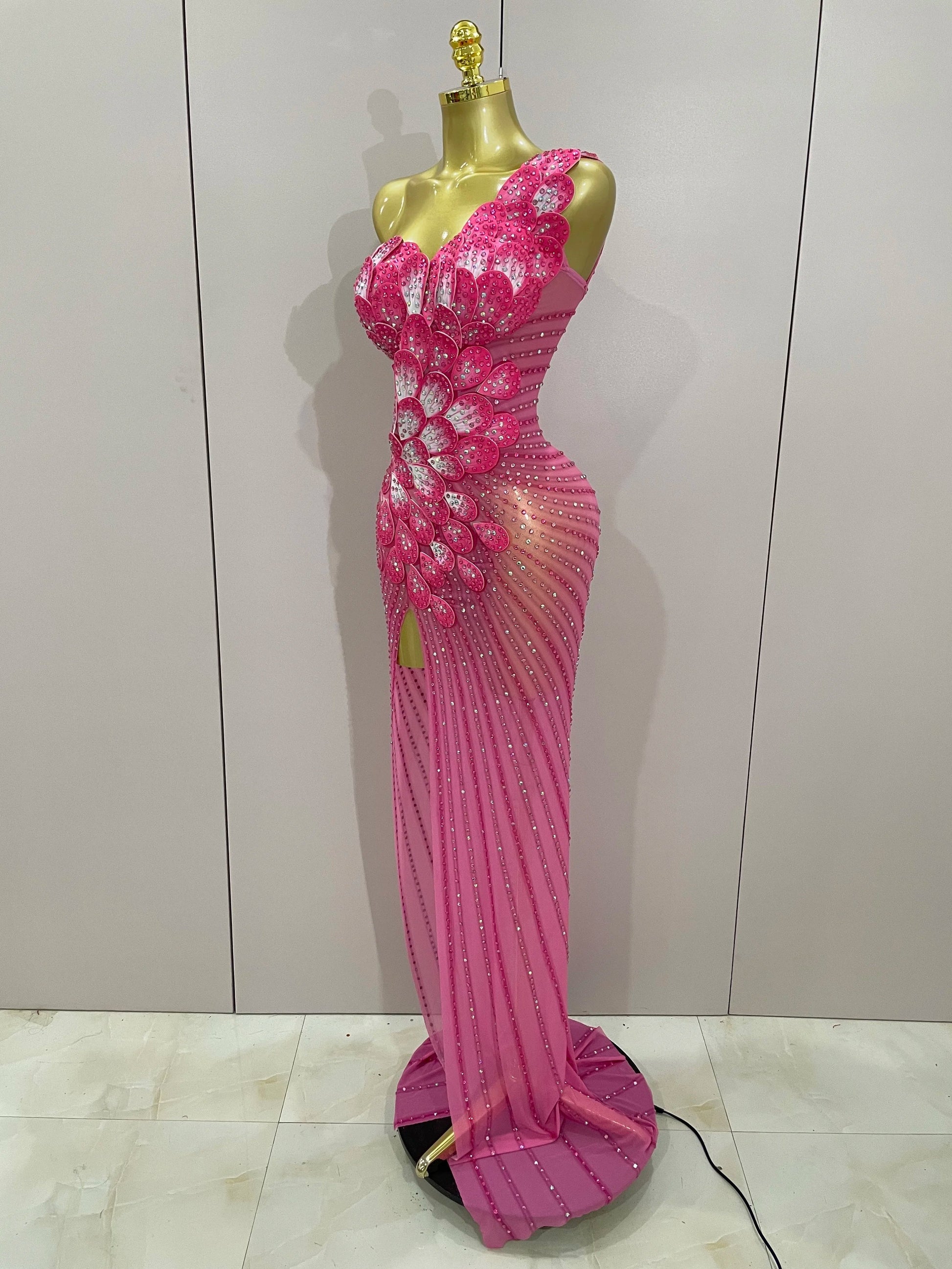 Luxury Shinning Rhinestones Flowers Sexy One Shoulder Bodycon Maxi Long Dress Women Evening Birthday Party Stage Costume