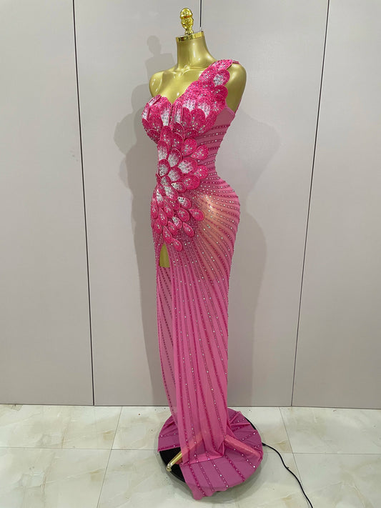 Luxury Shinning Rhinestones Flowers Sexy One Shoulder Bodycon Maxi Long Dress Women Evening Birthday Party Stage Costume