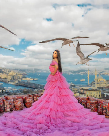 Hot Pink Off-Shoulder Multilayer Flying Dress for Formal Occasions and Prom Pink