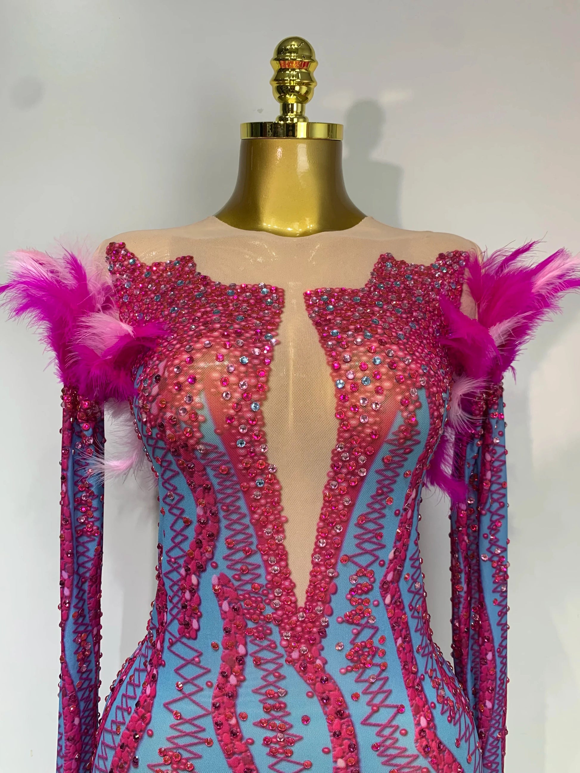 Women Sexy Mesh See Through Diamond Feather Dress Elegant Evening Party Luxury Birthday Nightclub Performance Stage Costume