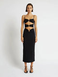 Black Color Women Sleeveless Sexy Strap Fashion Holes Bodycon Mid-calf Dress Bandage Birthday Party Celebrate Dress