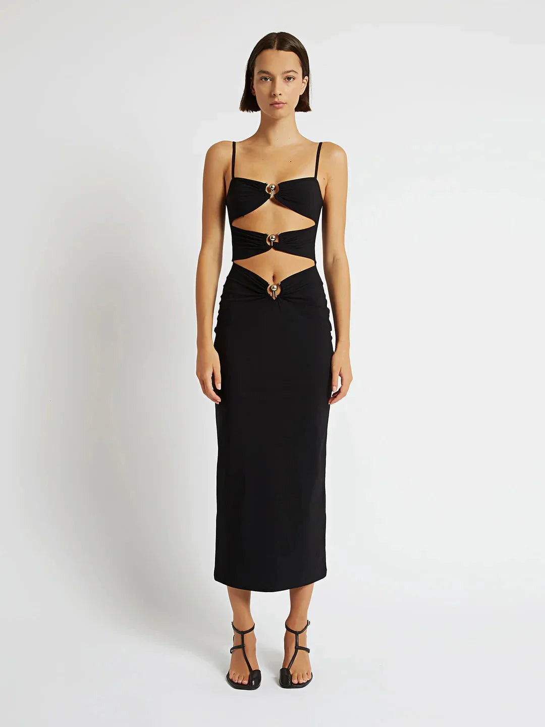 Black Color Women Sleeveless Sexy Strap Fashion Holes Bodycon Mid-calf Dress Bandage Birthday Party Celebrate Dress