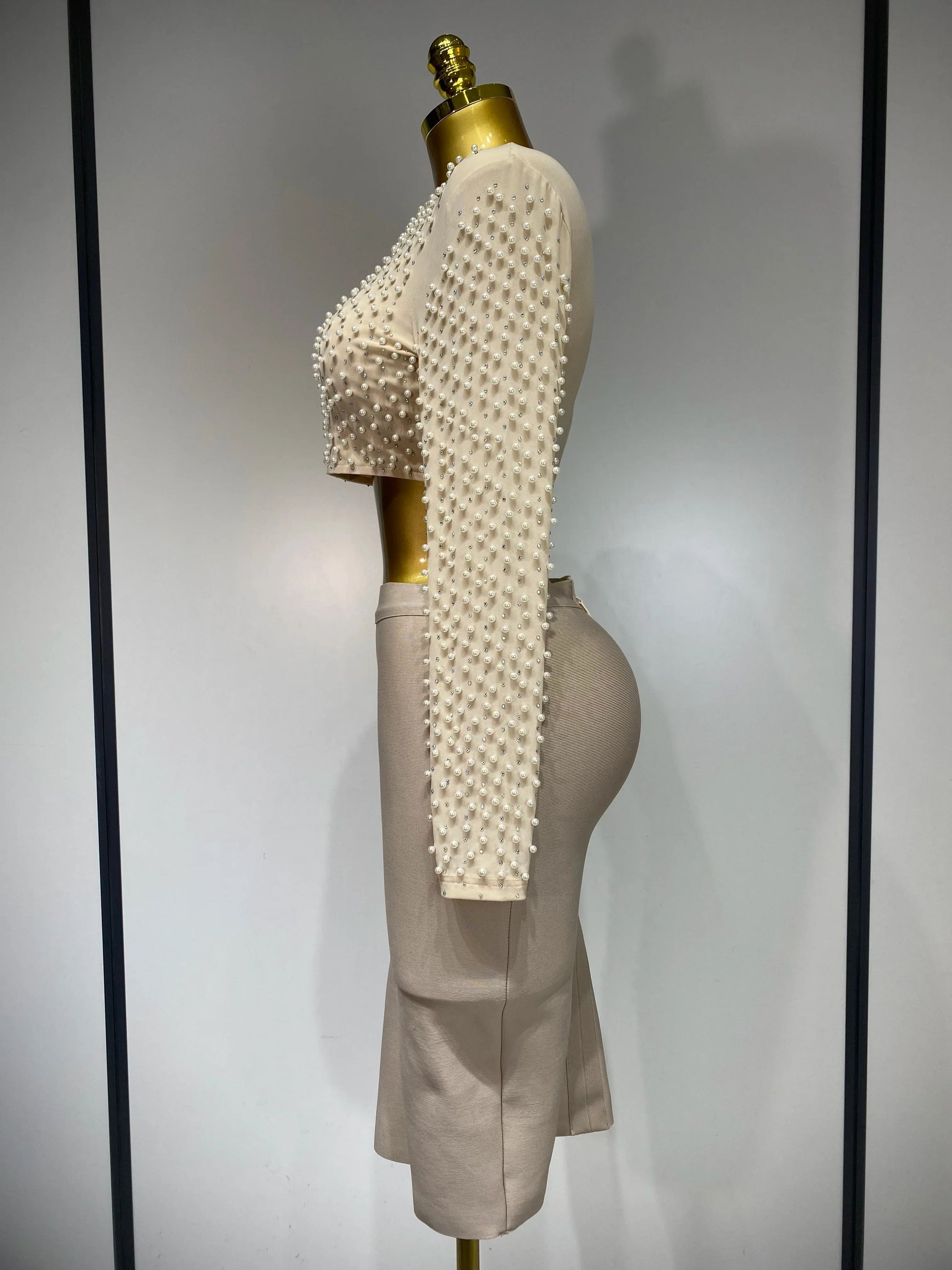 Women Sexy Long Sleeve Mesh Pearl Top Celebrity Midi Women Bandage Set Designer Evening Party Luxury Birthday Two Piece Set
