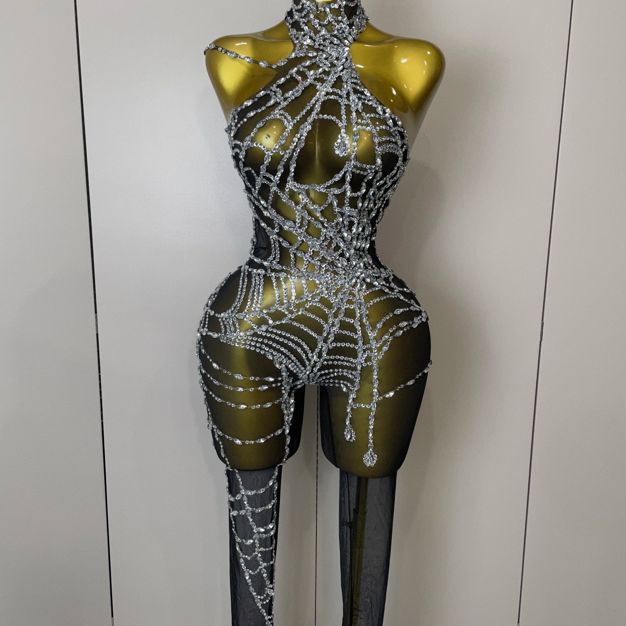 Women Sparkly Diamond Sexy Mesh Jumpsuit Nightclub Bar Party Show Gogo Dancer Clothing Drag Queen Outfit Stage Costume black