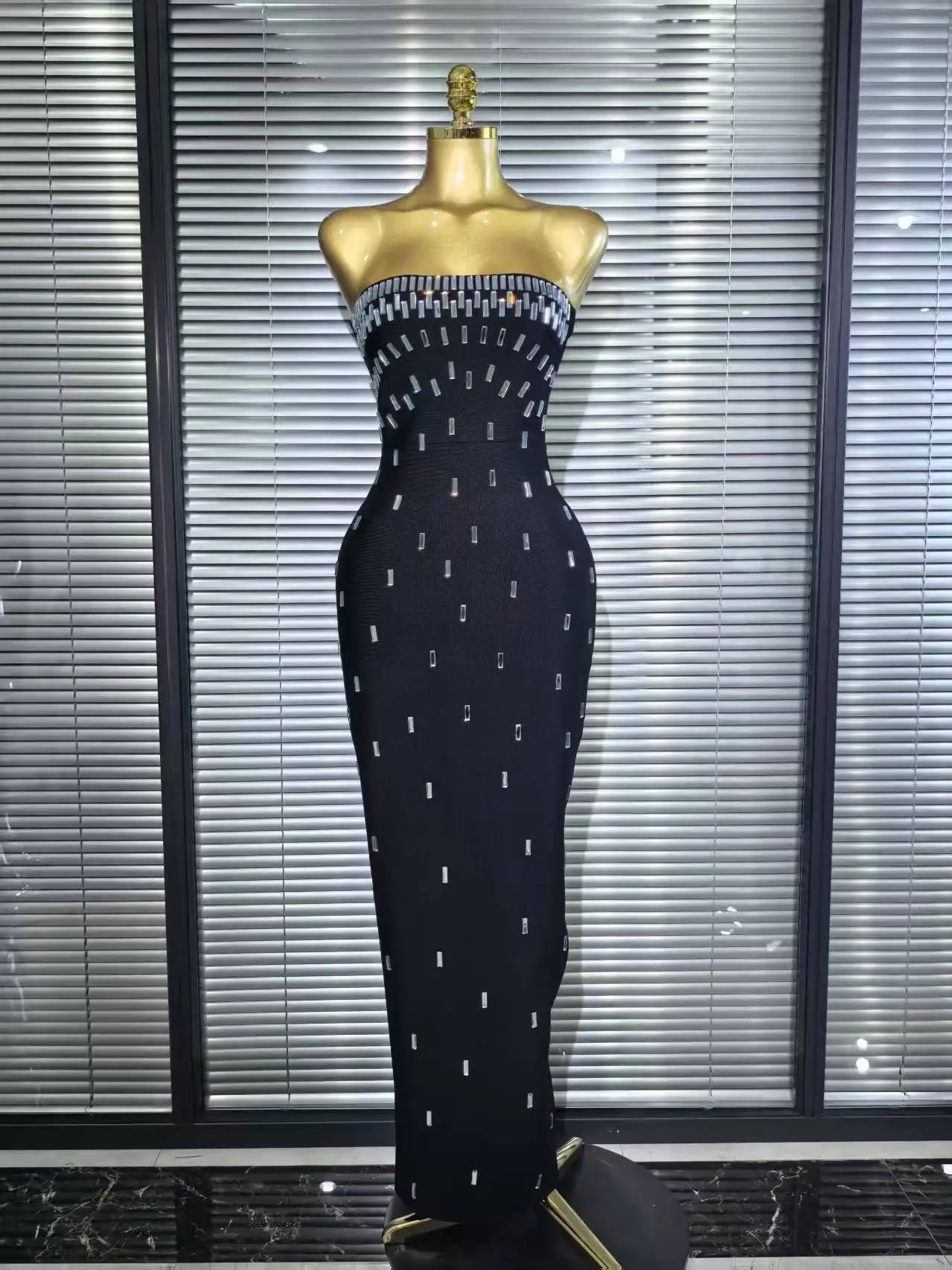 Top Quality Women Sexy Strapless Shinning Crystal Bodycon Long Bandage Dress Elegant Evening Party Cockail Vacation Outfit black