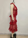 Sexy Lace Midi Halter Dress Women Red Ruffle Backless Sleeveless Party Dresses Summer Lady Vacation Robes New