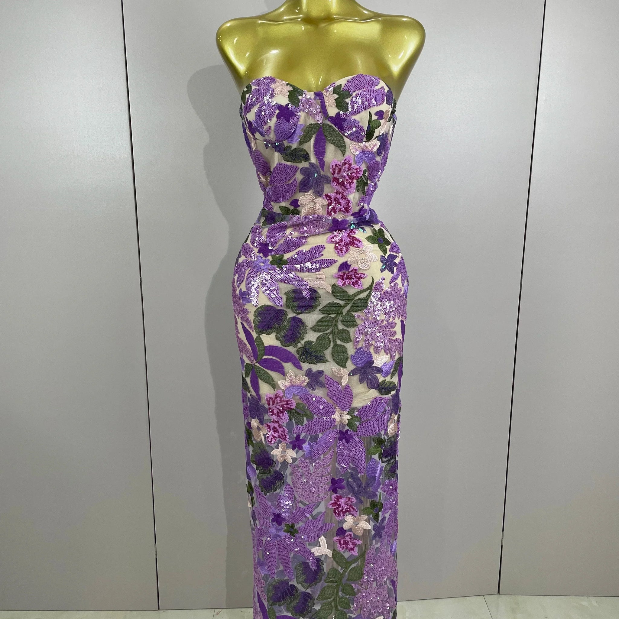 Sexy Strapless Floral Sequin Long Dress Women Sequins Flower Backless Long Slim Dress Evening Party Runway Gown Dress MULTI