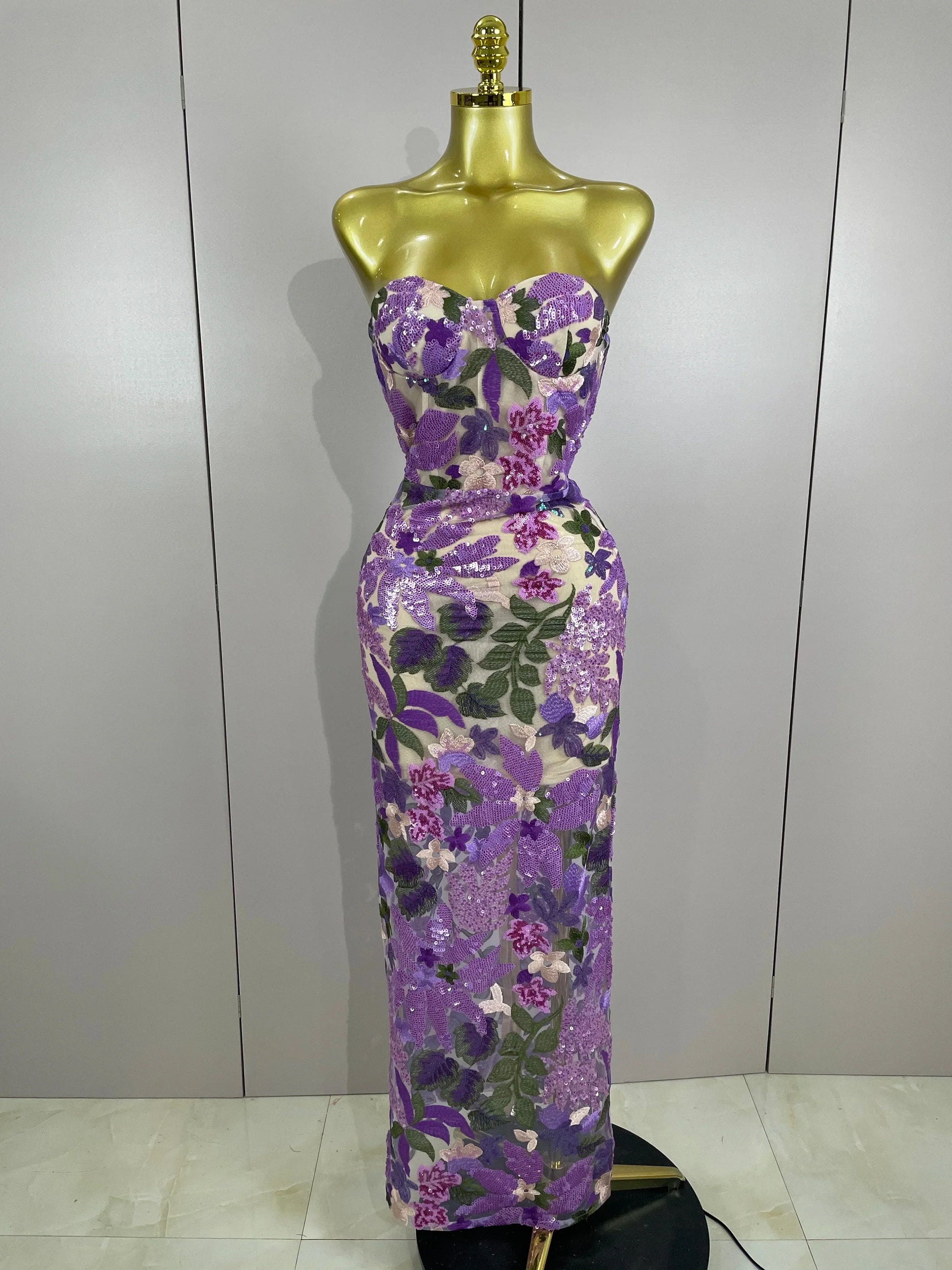 Sexy Strapless Floral Sequin Long Dress Women Sequins Flower Backless Long Slim Dress Evening Party Runway Gown Dress MULTI