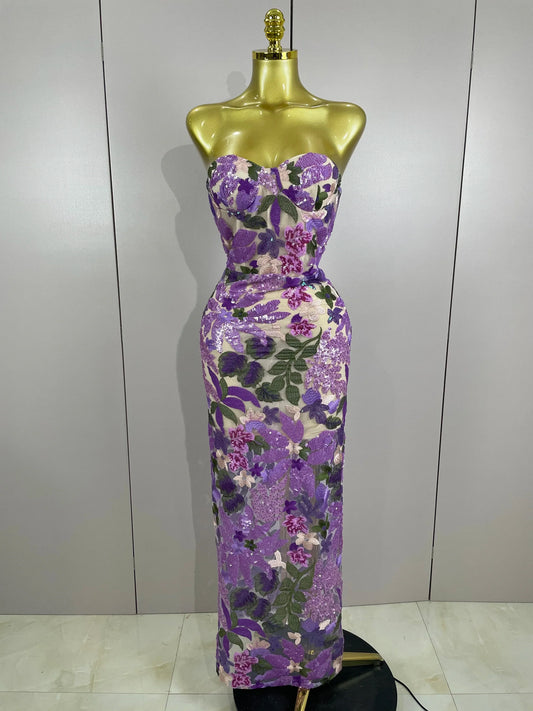 Sexy Strapless Floral Sequin Long Dress Women Sequins Flower Backless Long Slim Dress Evening Party Runway Gown Dress MULTI
