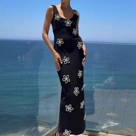 New Arrival Women Sleeveless Sexy O-Neck Diamond Flowers Bodycon Long Bandage Dress Celebrate Evening Party Office Lady Outfit