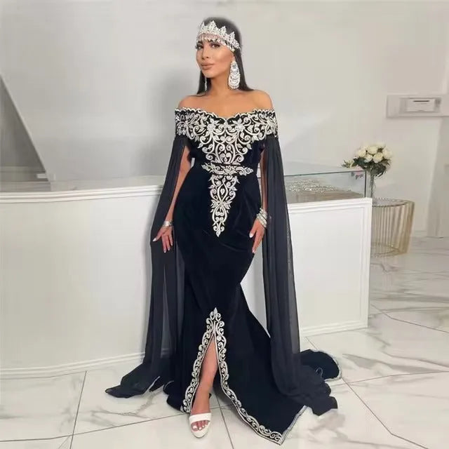 Arabic Mermaid Velvet Evening Dresses Off The Shoulder Split Appliques Long Cape Sleeves Prom Gowns Algerian Outfits