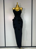 Women Celebrity Sexy Strapless Backless Flower Maxi Long Bodycon Bandage Dress Elegant Birthday Evening Club Party Dresses black