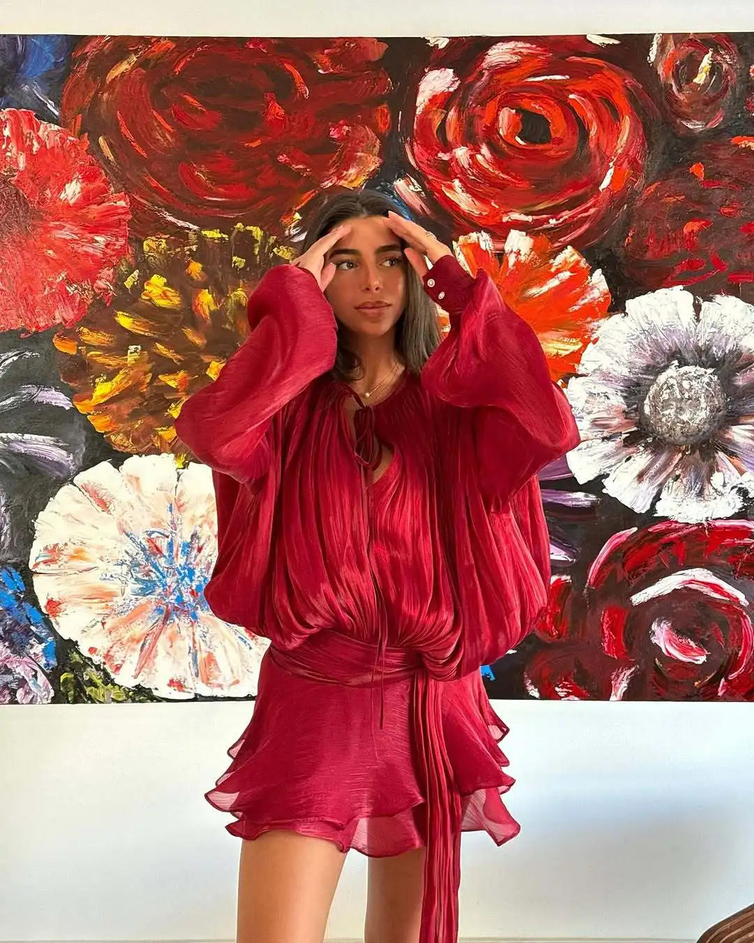 Christmas Style Women Long Puff Sleeve Sexy Ball Gown Mini Dress Celebrate Birthday Party Vacation Outfit Red