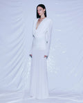 White Color Women Long Sleeve Sexy V-Neck Draped Bodycon Long Dress Fashion Celebrate Evening Party Birthday Outfit