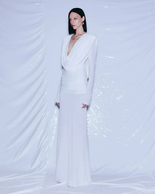 White Color Women Long Sleeve Sexy V-Neck Draped Bodycon Long Dress Fashion Celebrate Evening Party Birthday Outfit
