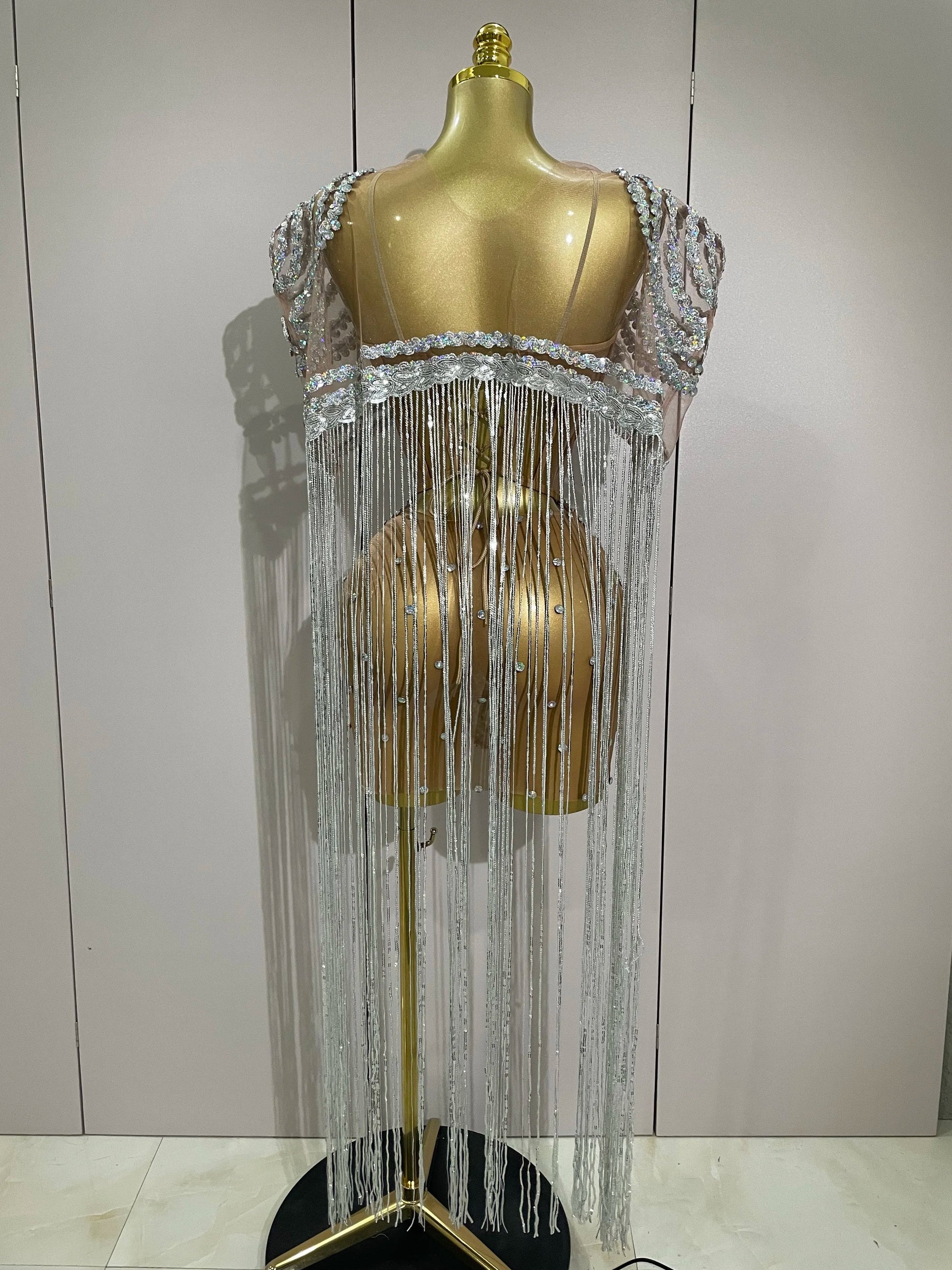 Sparkly Rhinestones Sequins Sexy Mesh Tassels Cape Short Dress Women Evening Birthday Party Nightclub Stage Costume