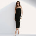 Black Color Women Sexy Strapless Side Bow Hollow Out Bodycon Bandage Midi Dress Nightclub Party Celebrate Evening Dress