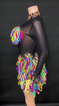 Women Shiny Colorful Diamonds Sexy Stretch Transparent Mesh Short Dress Nightclub Party Singer Stage Performance Costume