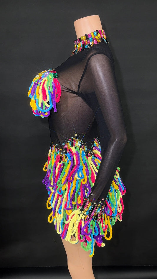 Women Shiny Colorful Diamonds Sexy Stretch Transparent Mesh Short Dress Nightclub Party Singer Stage Performance Costume